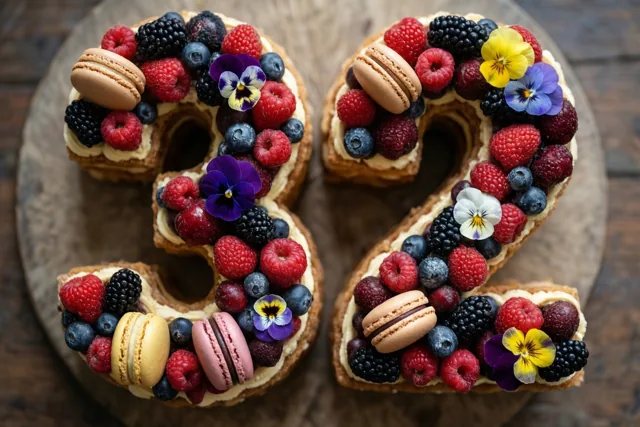 Een taart in de vorm van 32 met frambozen, bramen, blauwe bessen, macarons en eetbare bloemen staat op een houten plank tegen een houten achtergrond.
