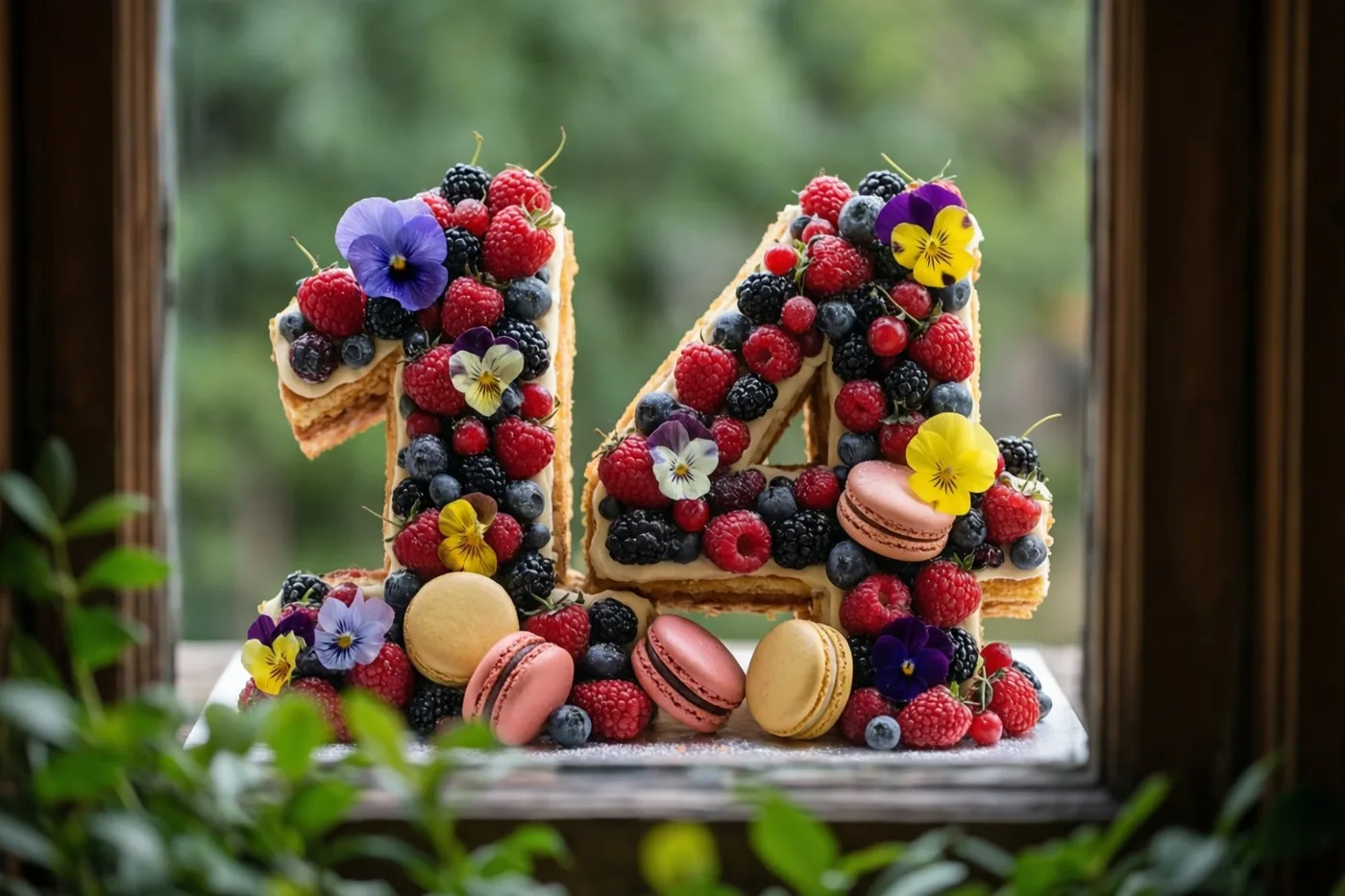 Een taart in de vorm van 14 met bessen, macarons en eetbare bloemen staat op een vensterbank, omringd door een houten raam en groen.