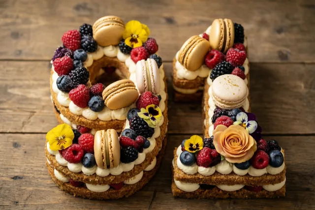 Een taart in de vorm van 91 met bessen, macarons en eetbare bloemen staat op een rustieke houten ondergrond, met rode, blauwe en gele accenten.