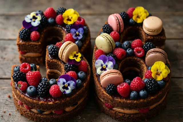 Op een rustieke houten ondergrond ligt een taart in de vorm van 36, versierd met frambozen, bramen, blauwe bessen, macarons en eetbare bloemen.