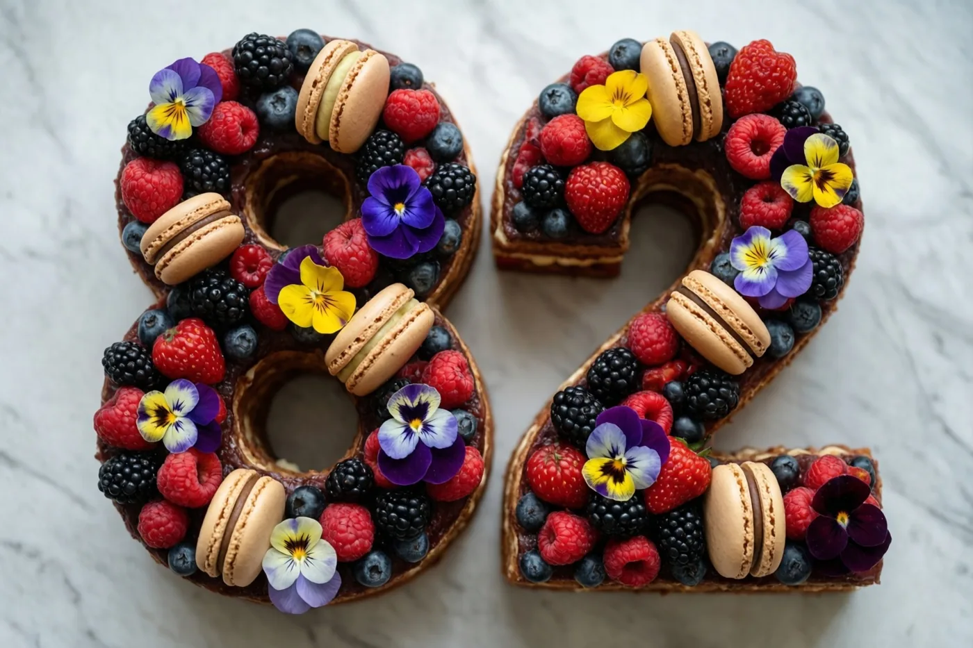Op een witmarmeren oppervlak staat een taart in de vorm van 82, versierd met frambozen, bramen, blauwe bessen, macarons en eetbare viooltjes.