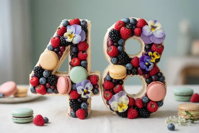 Een taart in de vorm van 48 met frambozen, bramen, blauwe bessen, macarons en eetbare bloemen staat op een wit tafelkleed tegen een zacht onscherpe achtergrond.