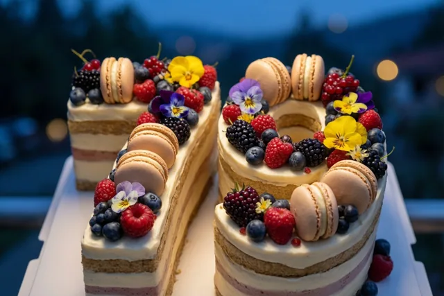 Een taart in de vorm van 79 met bessen, macarons en eetbare bloemen staat op een witte taartstandaard tegen een onscherpe blauwe avondachtergrond.