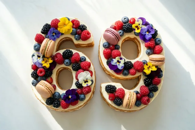 Een taart in de vorm van 69 met frambozen, bramen, blauwe bessen, macarons en eetbare bloemen staat op wit marmer waarop zonlicht schaduwen werpt.