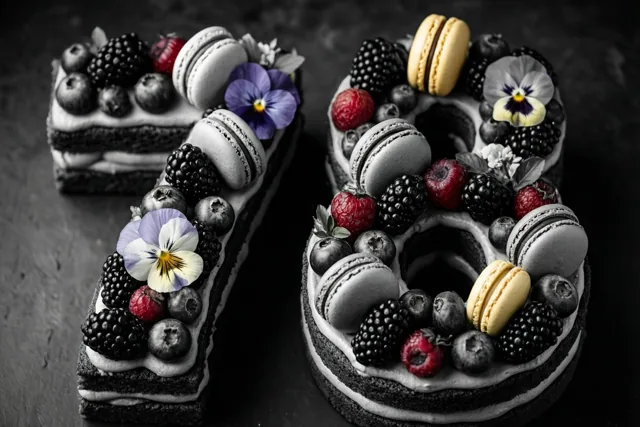 Twee taartstukken vormen 78 met bessen, macarons en eetbare bloemen, waarbij fruit en bloemen in kleur opvallen tegen een donkere achtergrond met textuur.