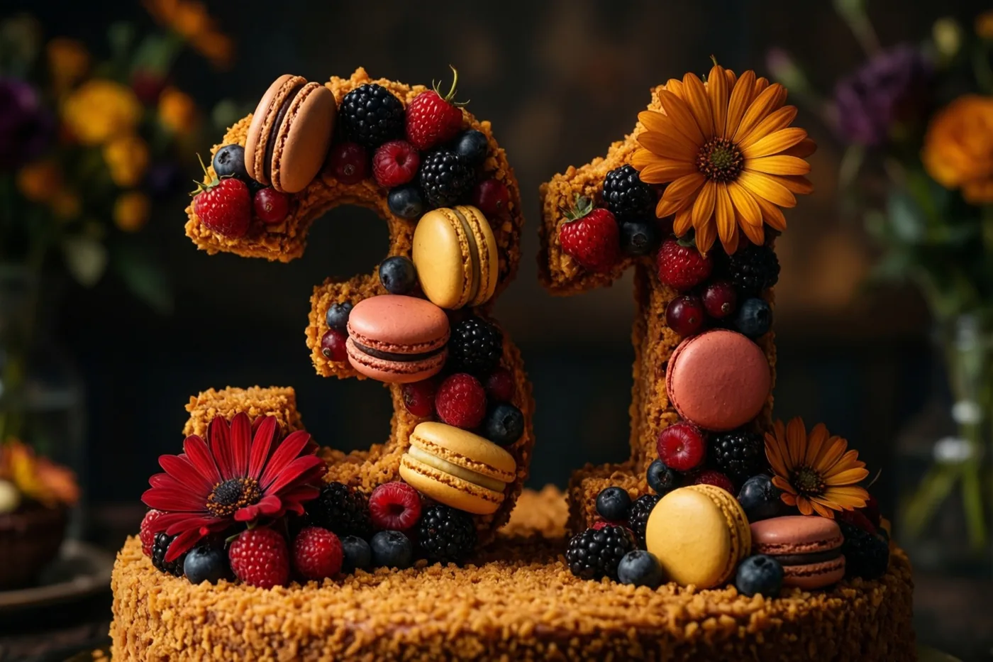 Een taart in de vorm van 31 met macarons, bessen en eetbare bloemen staat tegen een donkere, onscherpe achtergrond met bloemen.