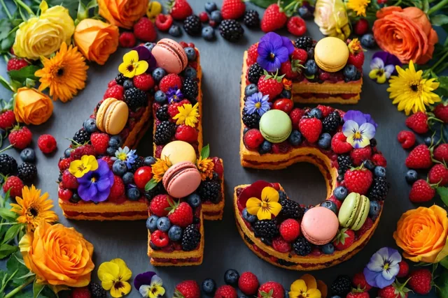 Een taart in de vorm van 45 met bessen, macarons en eetbare bloemen staat tegen een donkere leisteenachtergrond, omringd door verse bloemen.