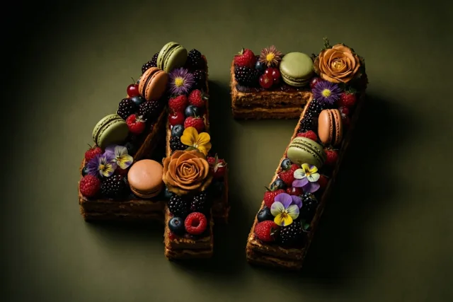 Een taart in de vorm van 47 met bessen, macarons en eetbare bloemen wordt opvallend belicht tegen een donkergroene achtergrond.