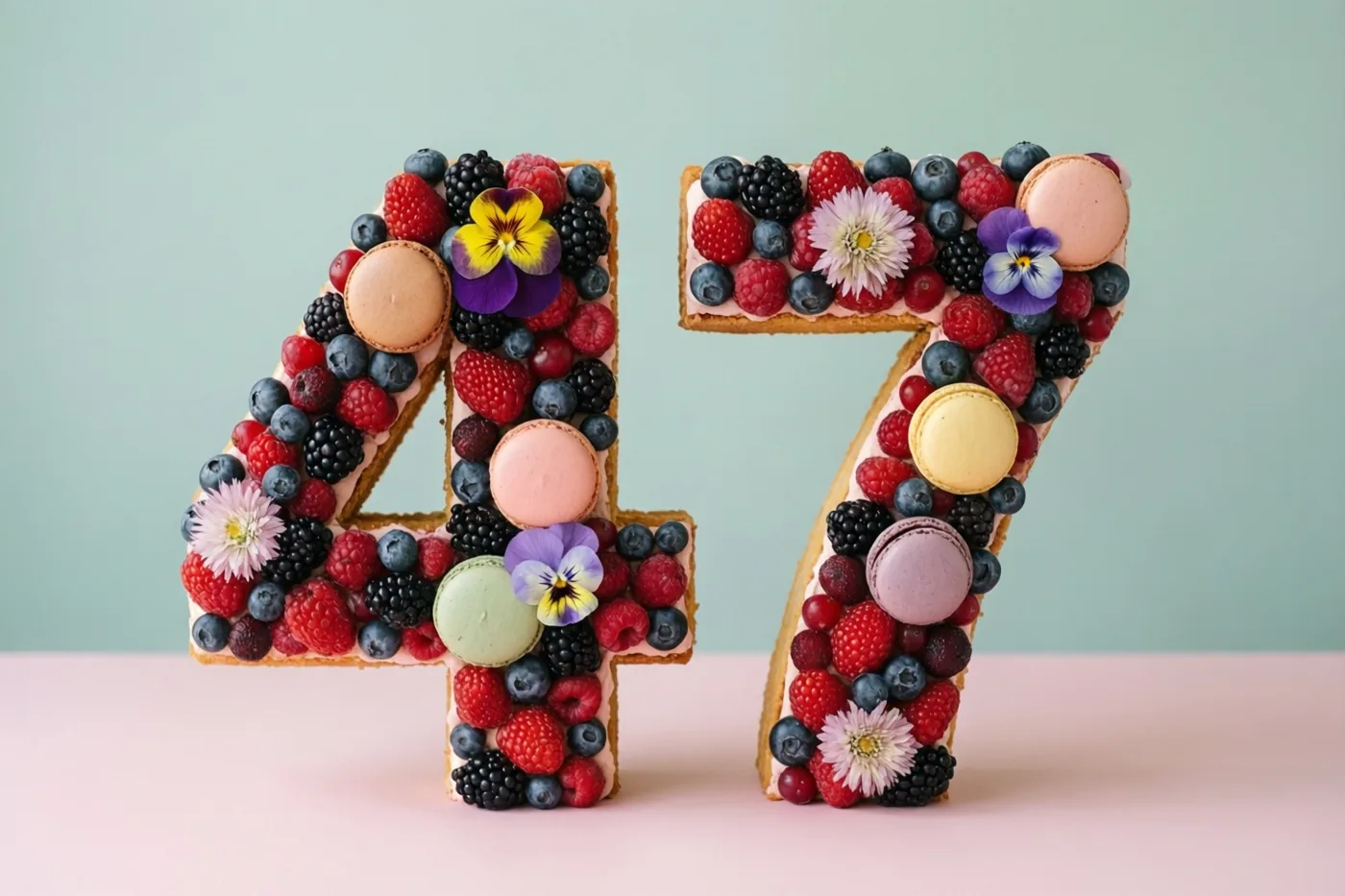 Een taart in de vorm van 47 is versierd met bessen, macarons en eetbare bloemen tegen een effen pastelkleurige achtergrond.