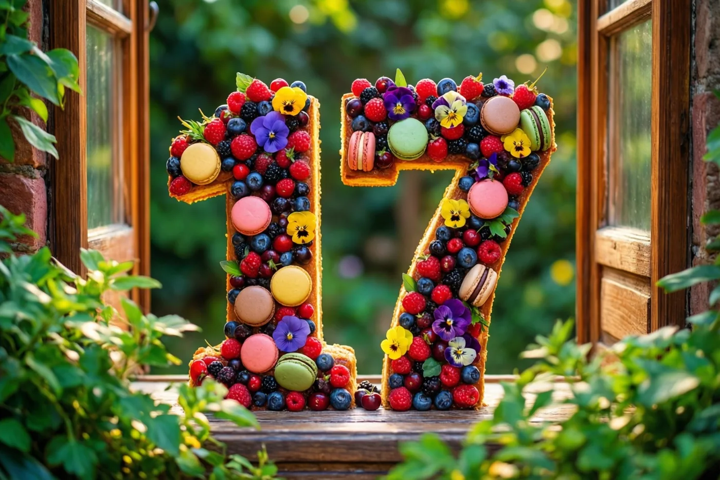Een taart in de vorm van 17 met kleurrijke bessen, macarons en eetbare bloemen staat op een houten vensterbank tussen het groen.
