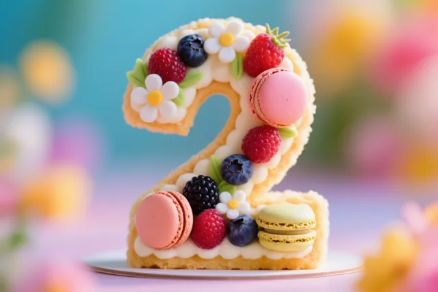 Een taart in de vorm van het cijfer 2 met frambozen, blauwe bessen, bramen, roze en groene macarons en witte eetbare bloemen staat op een wit bord tegen een wazige pastelachtergrond.
