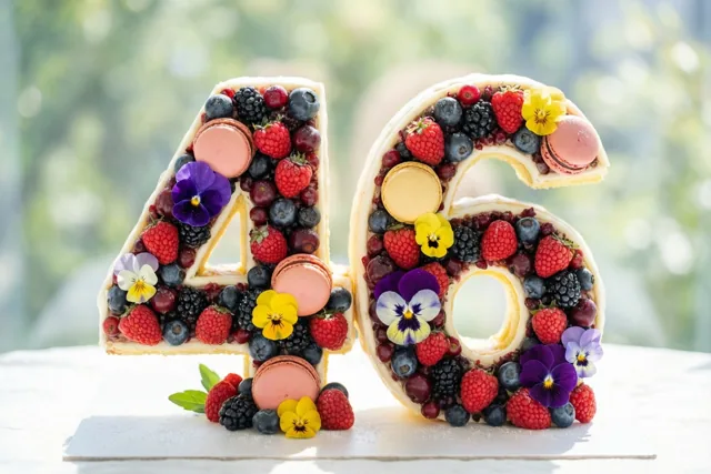 Een taart in de vorm van 46 met bessen, macarons en eetbare bloemen staat op een witte ondergrond voor een onscherpe groene achtergrond.