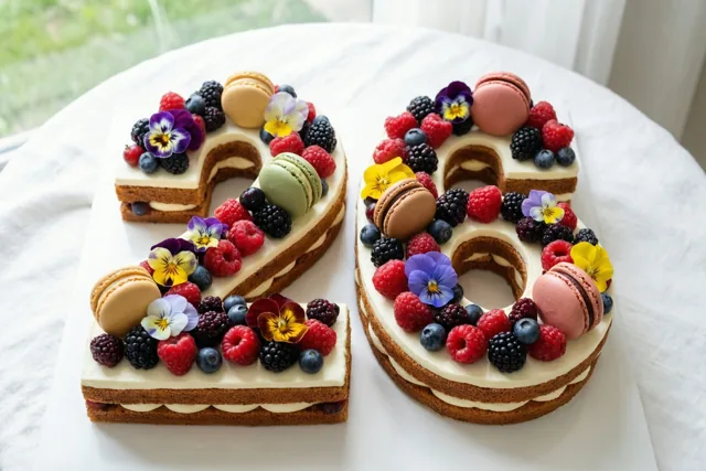 Twee gelaagde cijfertaarten vormen 26 en zijn versierd met frambozen, bramen, blauwe bessen, macarons en eetbare bloemen op een wit tafelkleed bij een raam.