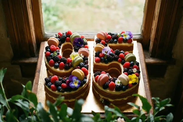 Twee cijfertaarten vormen 95 op een houten oppervlak bij een raam en zijn versierd met bessen, macarons en eetbare bloemen, met groen op de voorgrond.