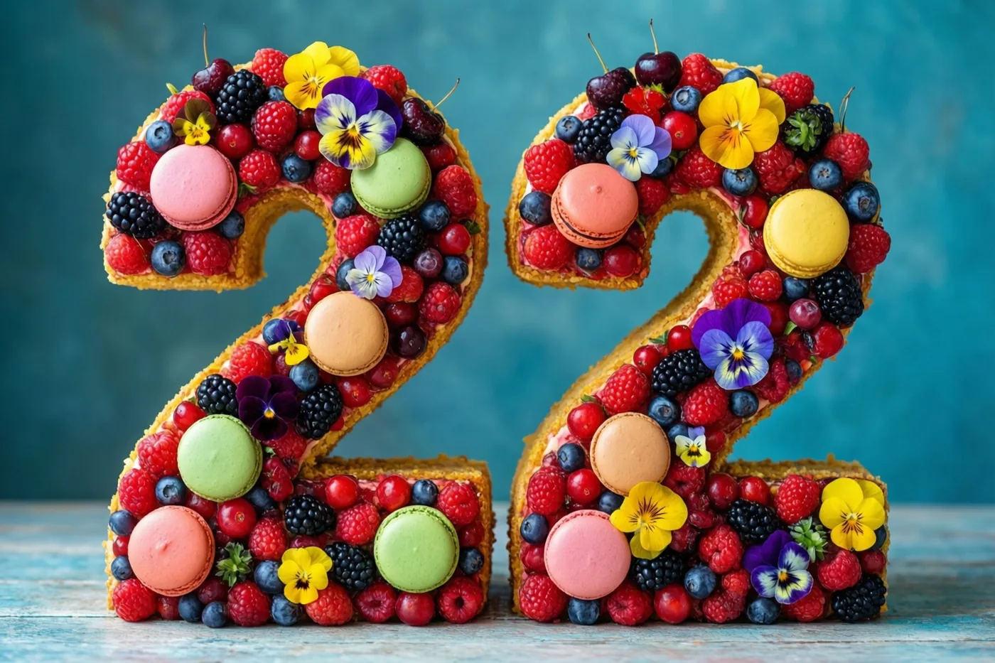 Twee grote cijfertaarten vormen 22 en zijn versierd met frambozen, bramen, blauwe bessen, macarons en eetbare viooltjes op verweerd hout tegen een blauwgroene achtergrond.