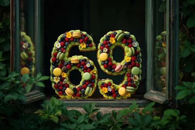 Twee grote cijfertaarten die samen 69 vormen staan op een vensterbank met bessen, macarons en eetbare bloemen, omlijst door groen en een oud raam tegen een donkere achtergrond.