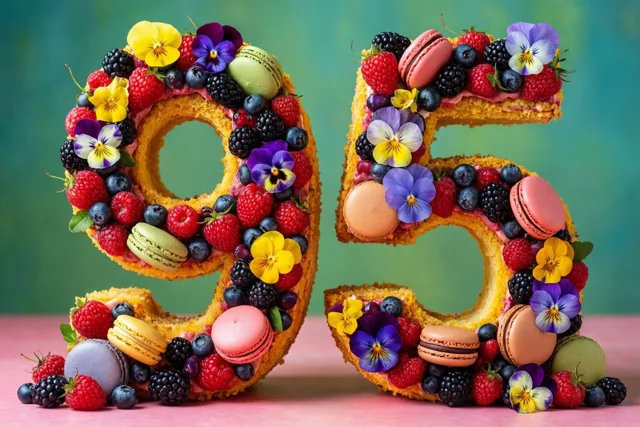 Twee grote taarten in de vorm van 9 en 5 zijn versierd met bessen, macarons en eetbare bloemen op een roze ondergrond tegen een zachtgroene achtergrond.
