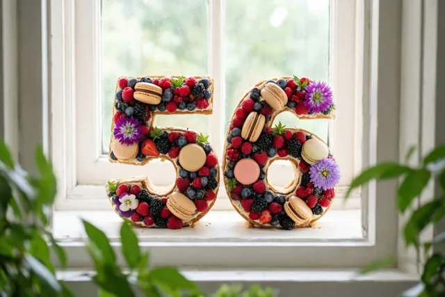 Twee taarten in de vorm van 5 en 6 staan op een witte vensterbank, versierd met bessen, macarons en eetbare bloemen, met groen op de voorgrond.
