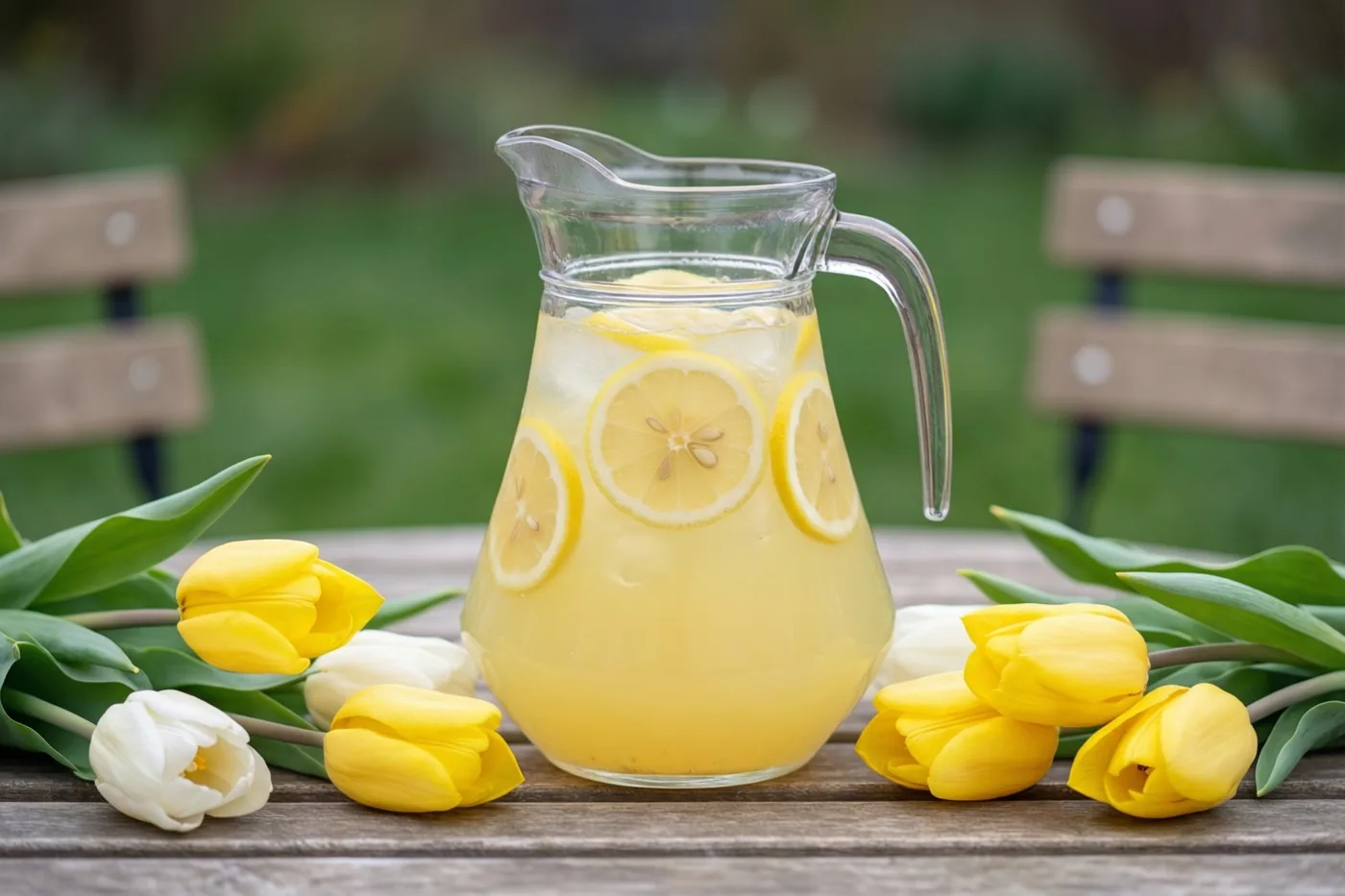 Een doorzichtige glazen kan limonade met citroenschijfjes staat op een houten tuintafel tussen gele en witte tulpen, met een onscherpe groene achtergrond.