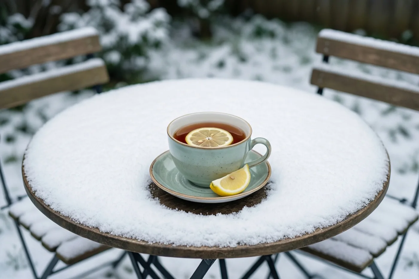 Een kop thee met een schijfje citroen staat op een besneeuwde tuintafel tussen stoelen bedekt met sneeuw.