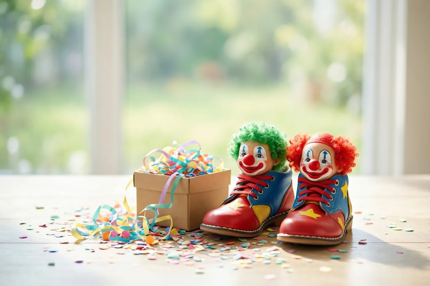Kinderclownsschoenen en groene en rode krulpruiken liggen op een houten tafel naast een kartonnen doos die overloopt van confetti, met een raam op de achtergrond.
