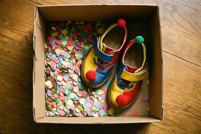 Een paar kleurrijke kinderclownsschoenen met pompons ligt in een kartonnen doos vol veelkleurige confetti op een houten vloer.