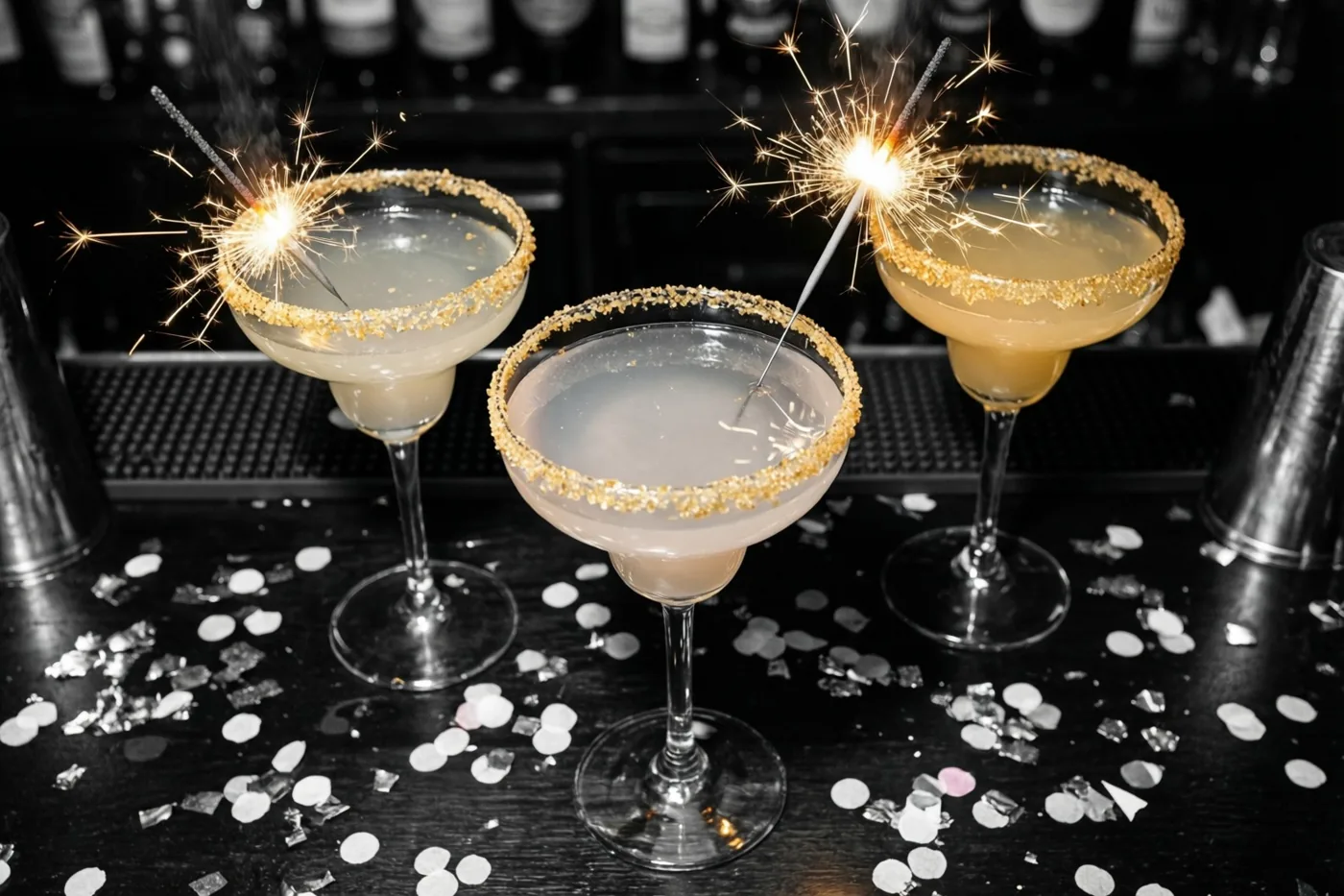 Drie cocktails in margaritaglazen met gouden suikerranden en brandende sterretjes staan op een zwarte bar met witte en zilveren confetti tegen een donkere achtergrond.