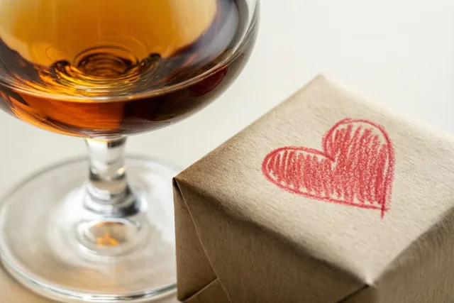 Een glas amberkleurige cognac staat naast een klein cadeau in bruin papier met een rood, met waskrijt getekend hart op een witte achtergrond.