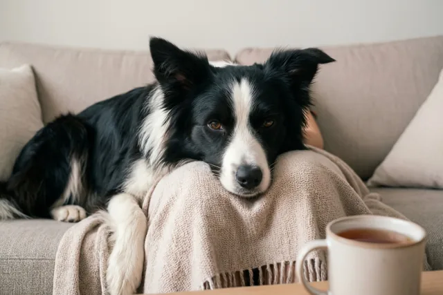 Een zwart-witte bordercollie legt zijn kop op de knieën van een persoon onder een beige deken op een lichte zetel, met een witte mok thee op een houten tafel vooraan.