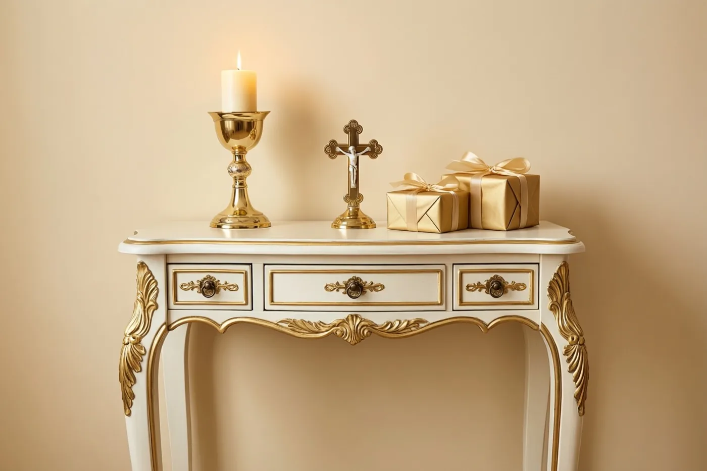 Een sierlijke witte en gouden kast draagt een brandende communiekaars in een gouden houder, een klein crucifix en twee goudkleurig ingepakte cadeaus tegen een beige muur.