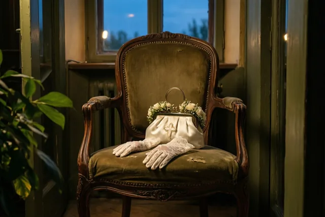 Een oud wit communietasje met een kruis, kanten handschoenen en een bloemenkroon liggen op een versleten groene fluwelen stoel in een schemerige kamer.