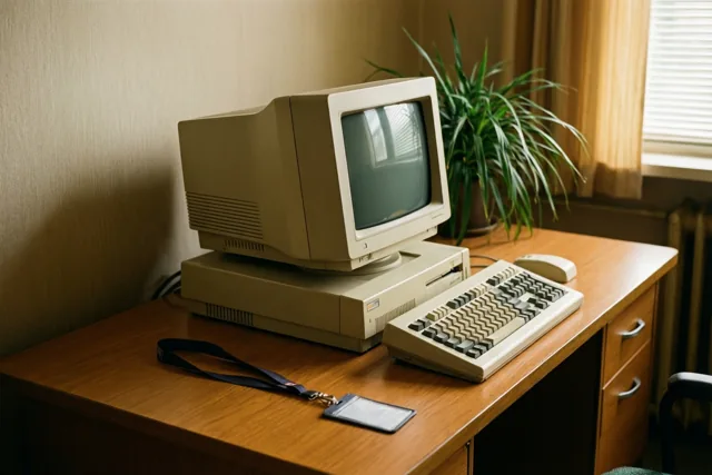 Een beige computer uit de jaren tachtig met beeldbuisscherm, toetsenbord en muis staat op een houten bureau naast een potplant in warm licht.