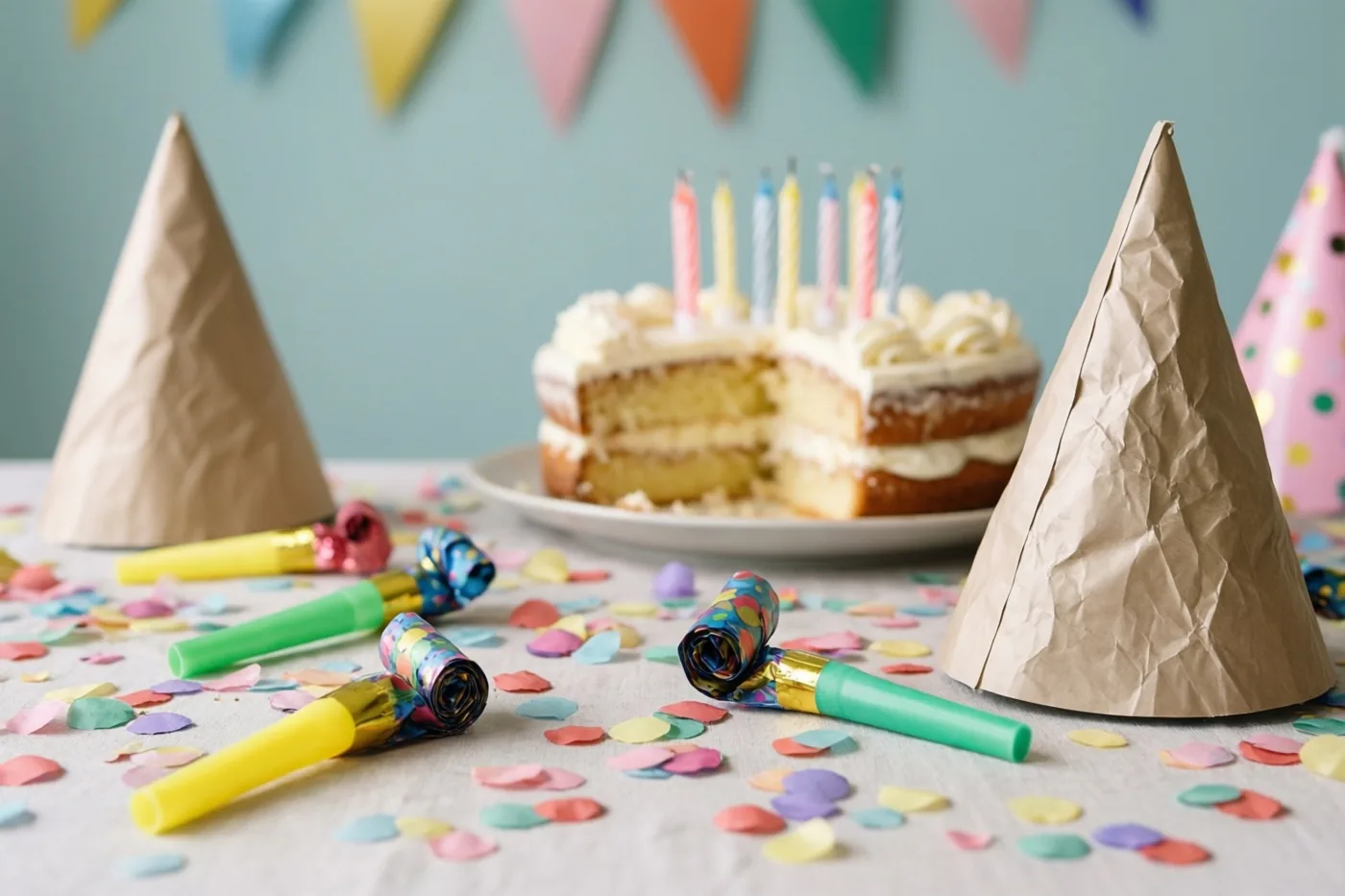 Op een tafel liggen kleurrijke confetti, roltongen en verkreukelde papieren hoedjes, met een half opgegeten taart met kaarsjes voor een lichtblauwe muur met een kleurrijke slinger.