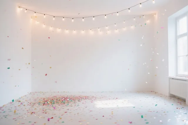In een felverlichte lege witte kamer hangen lichtslingers aan het plafond en ligt en zweeft kleurrijke confetti.