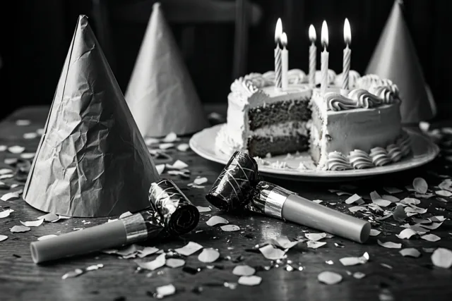 Op een zwart-witfoto liggen feesttoeters, verfrommelde papieren hoedjes en confetti op een tafel, met achteraan een half opgegeten taart met brandende kaarsjes op een bord.