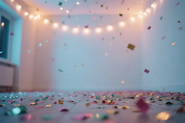 Van laag bij de vloer is een kamer te zien met verspreide confetti en lichtslingers aan het plafond, in zacht roze, blauw en goudkleurig licht.