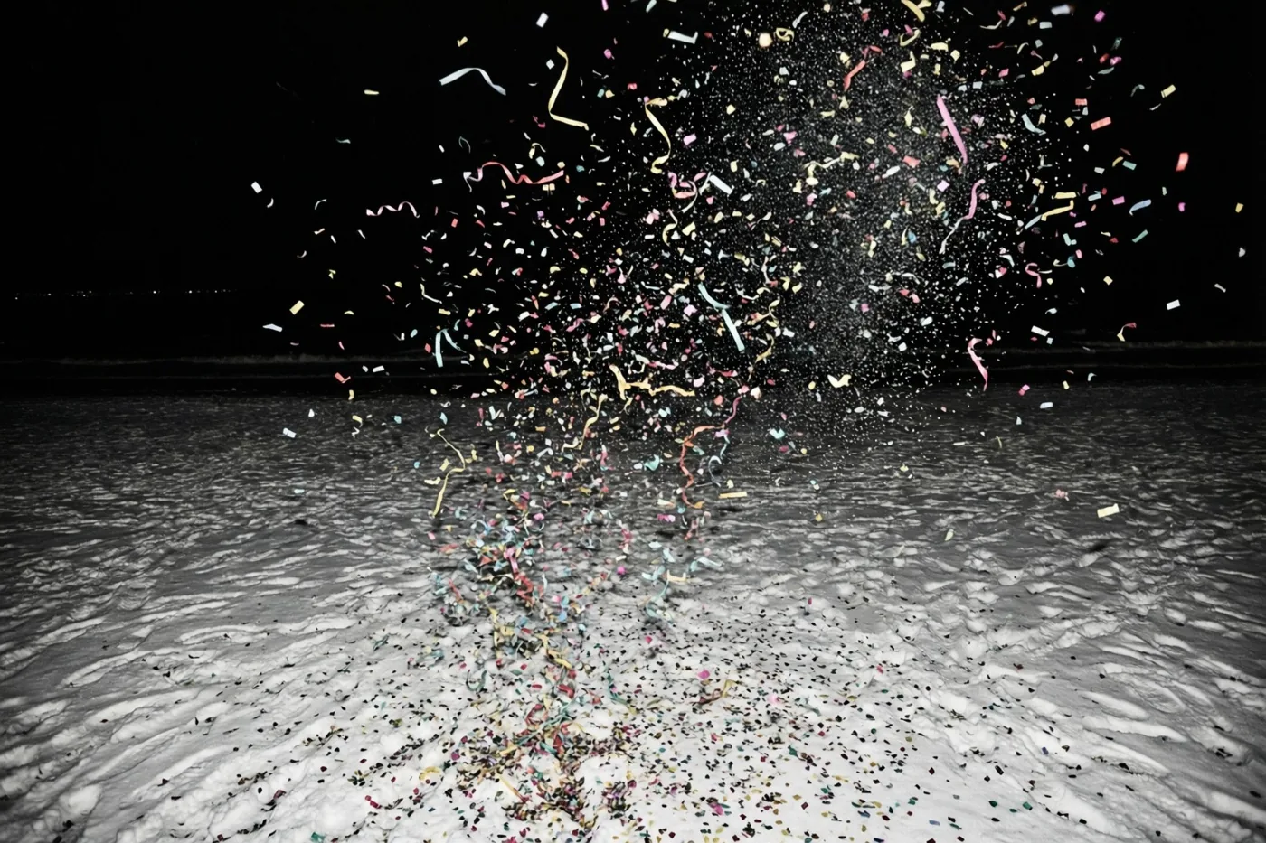 Kleurrijke slingers en confetti liggen verspreid over een besneeuwd strand onder een donkere nachtlucht.