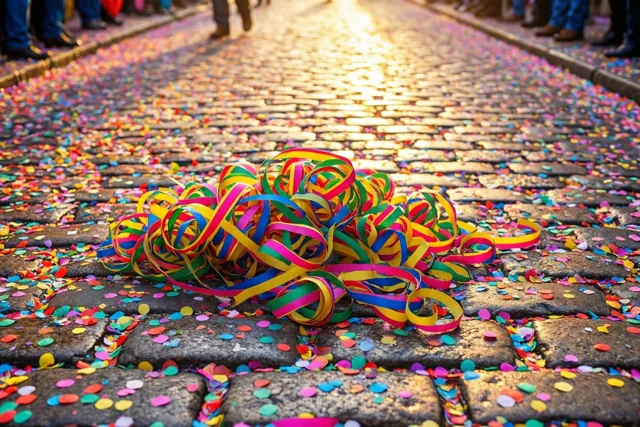 Een hoop kleurrijke serpentines en confetti ligt op natte kasseien in goudkleurig zonlicht, met onscherpe mensen op de achtergrond.