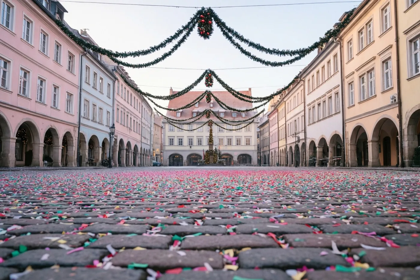 Kleurrijke confetti bedekt een gekasseid dorpsplein met groene slingers tussen historische gebouwen in pasteltinten en overdekte doorgangen met bogen onder een bleke hemel.