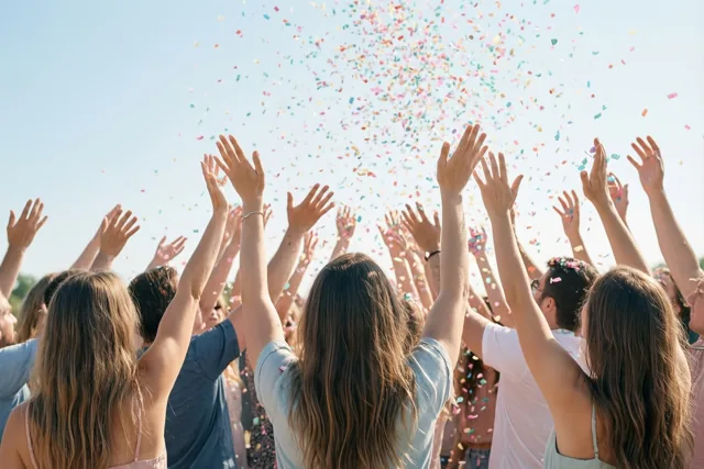 Een menigte steekt van achteren gezien de handen op om kleurrijke confetti te vangen onder een helderblauwe hemel.