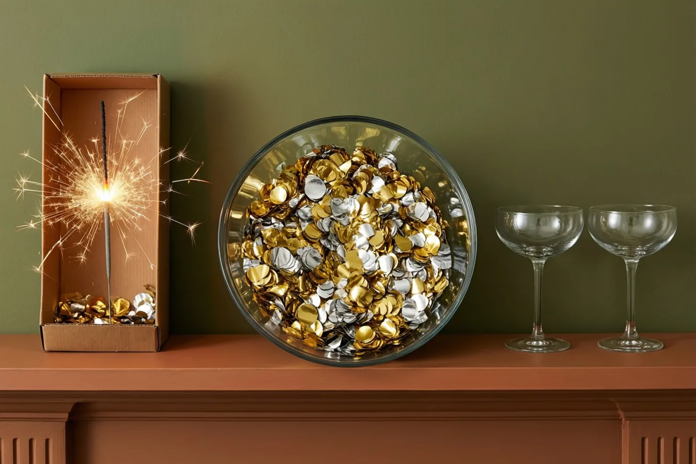 Een glazen schaal met gouden en zilveren confetti staat op een schoorsteenmantel naast een brandend sterretje in een kartonnen doos en twee lege champagnecoupes voor een groene muur.