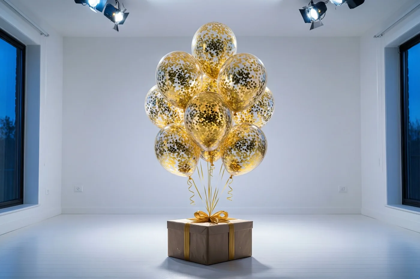 Doorzichtige ballonnen met gouden confetti zweven boven een bruine geschenkdoos met gouden lint in een sobere witte kamer met grote ramen en felle spots.