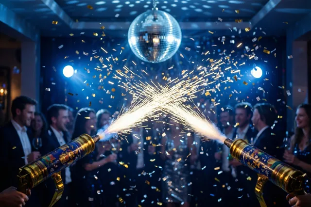 Twee confettikanonnen schieten gouden en zilveren confetti door een donkere feestruimte die wordt verlicht door een grote spiegelbol en spots.