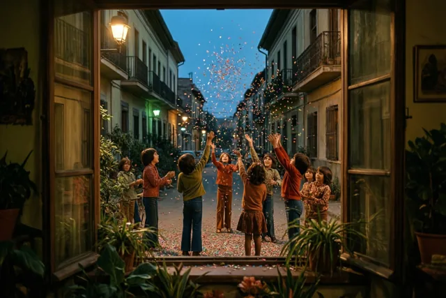 Vanuit een kamer is door een open raam te zien hoe kinderen confetti in de lucht gooien in een smalle straat in jarenzeventigstijl, in goudkleurig licht onder een donkerblauwe avondlucht.
