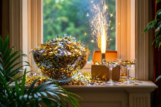 Een glazen schaal vol gouden en zilveren confetti staat op een schoorsteenmantel naast een brandend sterretje in een doos en twee champagnecoupes, met groen eromheen en daglicht vanuit een raam.