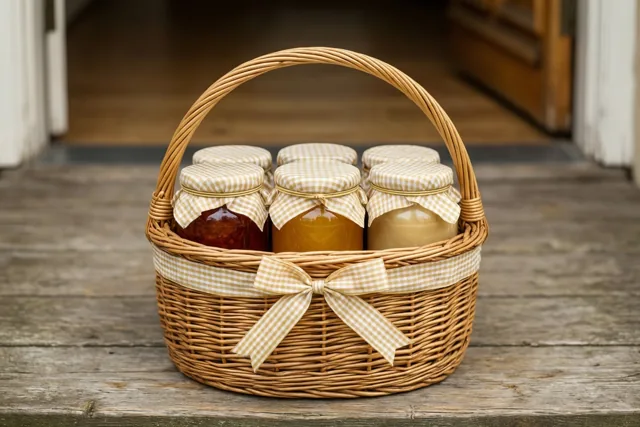 Een rieten mand met confituurpotten onder geruite doekjes en een bijpassende strik staat op een verweerde houten drempel in warme bruin-, beige- en ambertinten.