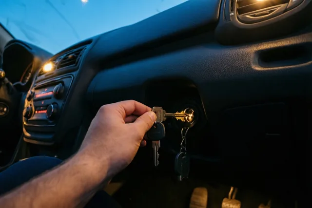 Een hand draait een sleutel om in het contact van een kleine auto, bij schemerlicht met blauwe en warme interieurverlichting.
