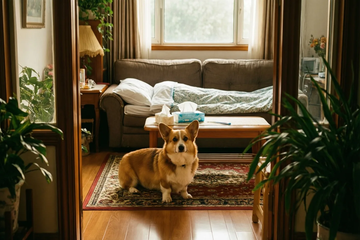 Een corgi zit aandachtig op een tapijt met motief, voor een zetel met kussens en een deken, een houten tafel met zakdoekjes en een thermometer, en kamerplanten.