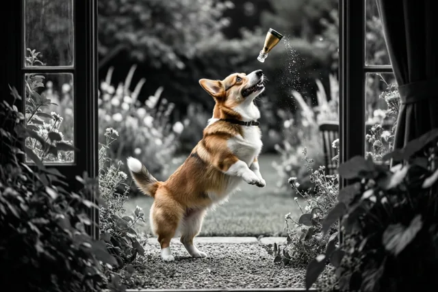 Een corgi springt in een tuin naar een wegschietende champagnekurk, waarbij de hond en de kurk in kleur afsteken tegen de zwart-witte achtergrond.