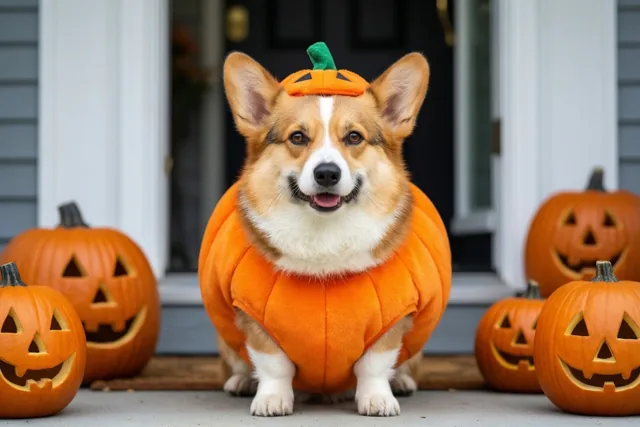 Een corgi in een oranje pompoenkostuum zit op een veranda voor een deur, omringd door uitgesneden pompoenen.
